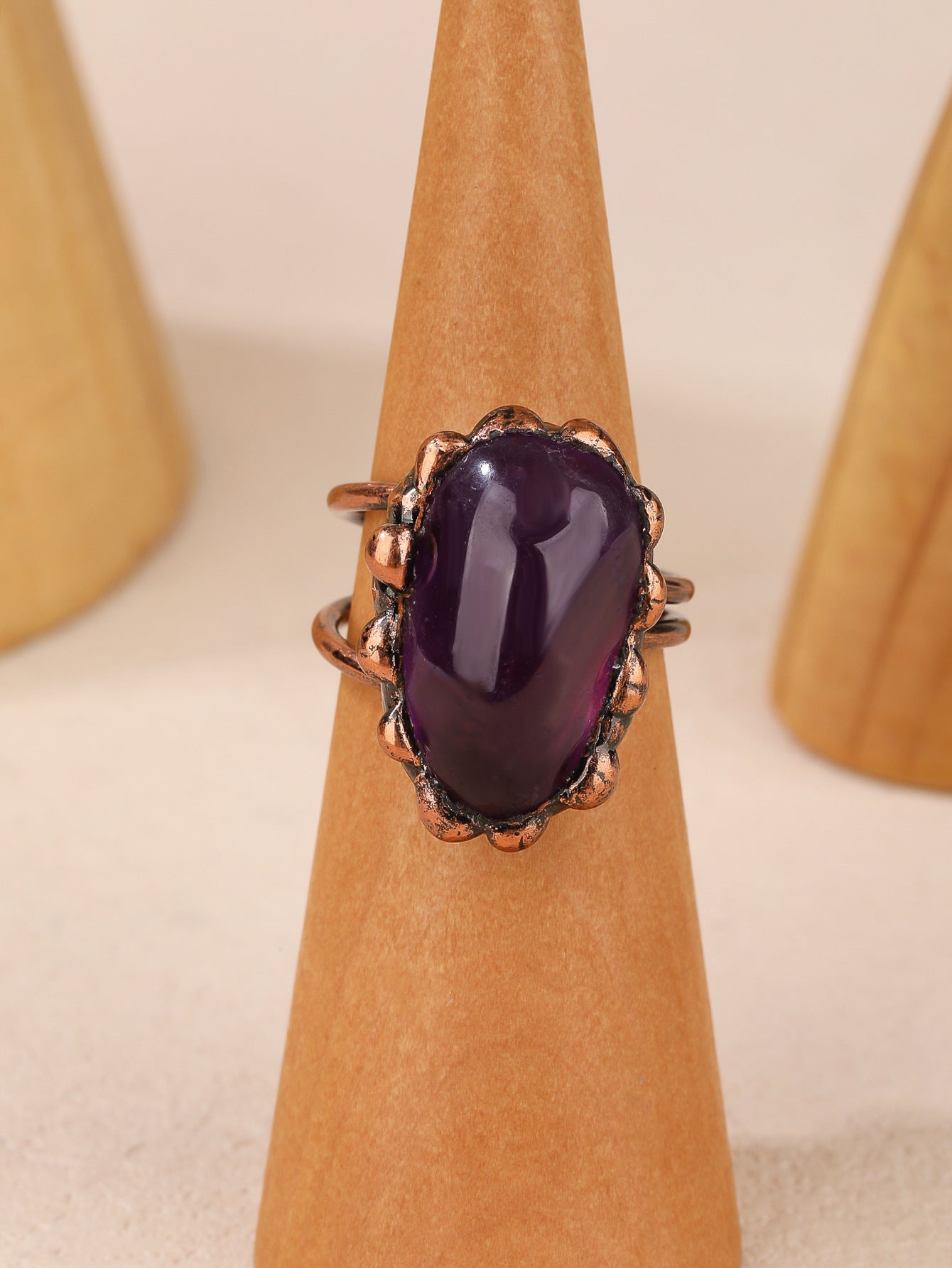 Antique Amethyst Cabochon Ring with Rustic Copper Band for Calmness, Protection, and Spiritual Awareness