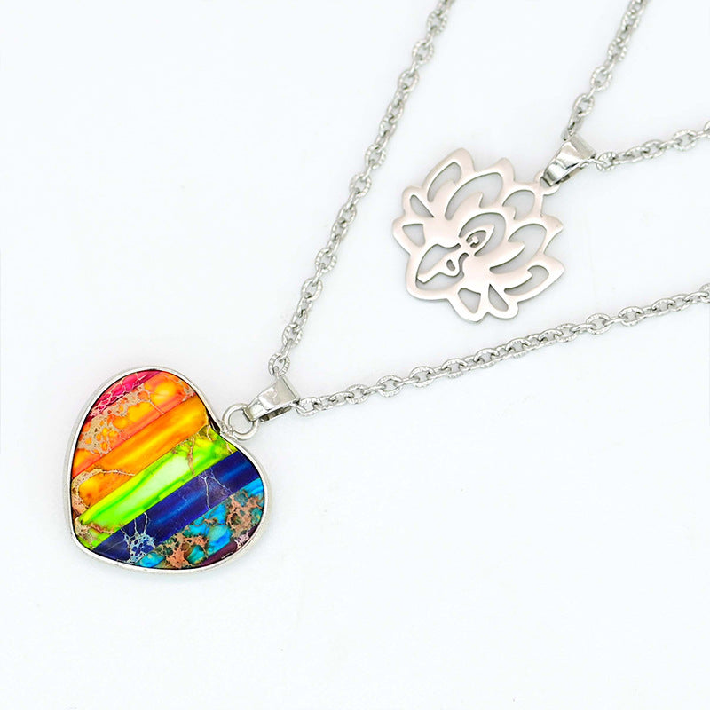 Rainbow Chakra Healing Heart Necklace with Lotus Flower Pendant - Spiritual Energy Jewelry