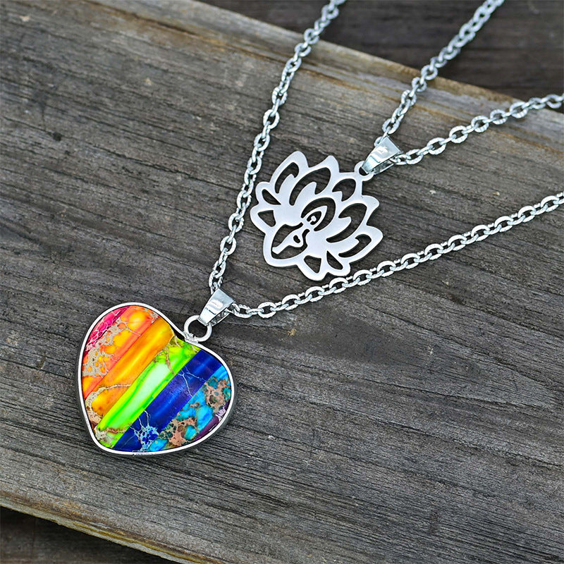 Rainbow Chakra Healing Heart Necklace with Lotus Flower Pendant - Spiritual Energy Jewelry