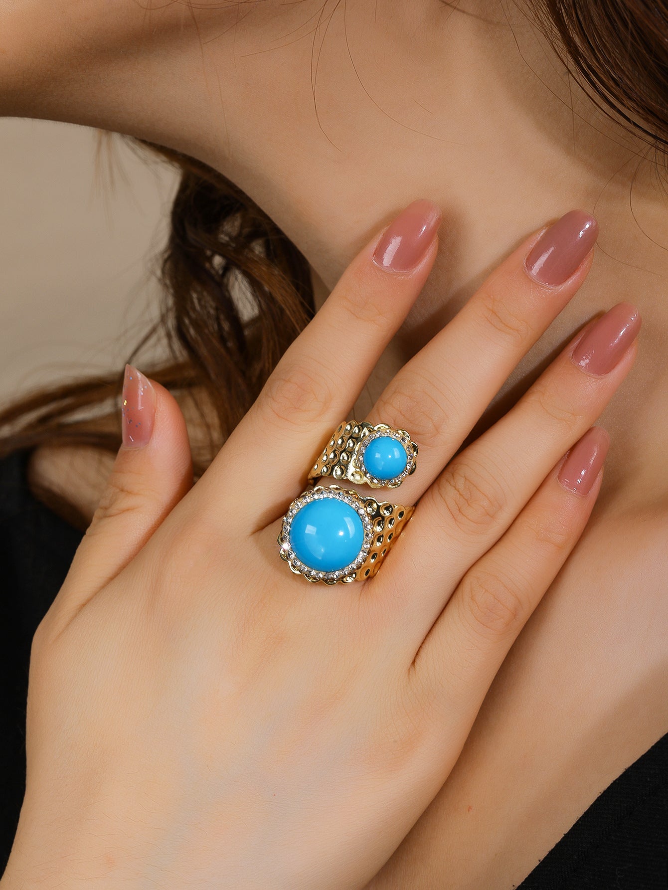 Elegant Double Turquoise Blue Stone Adjustable Ring with Crystal Accents for Spiritual Balance