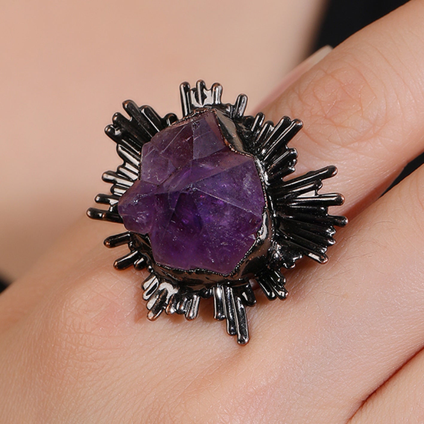 Bold Amethyst Sunburst Crystal Ring with Black Electroformed Setting for Spiritual Protection and Inner Strength