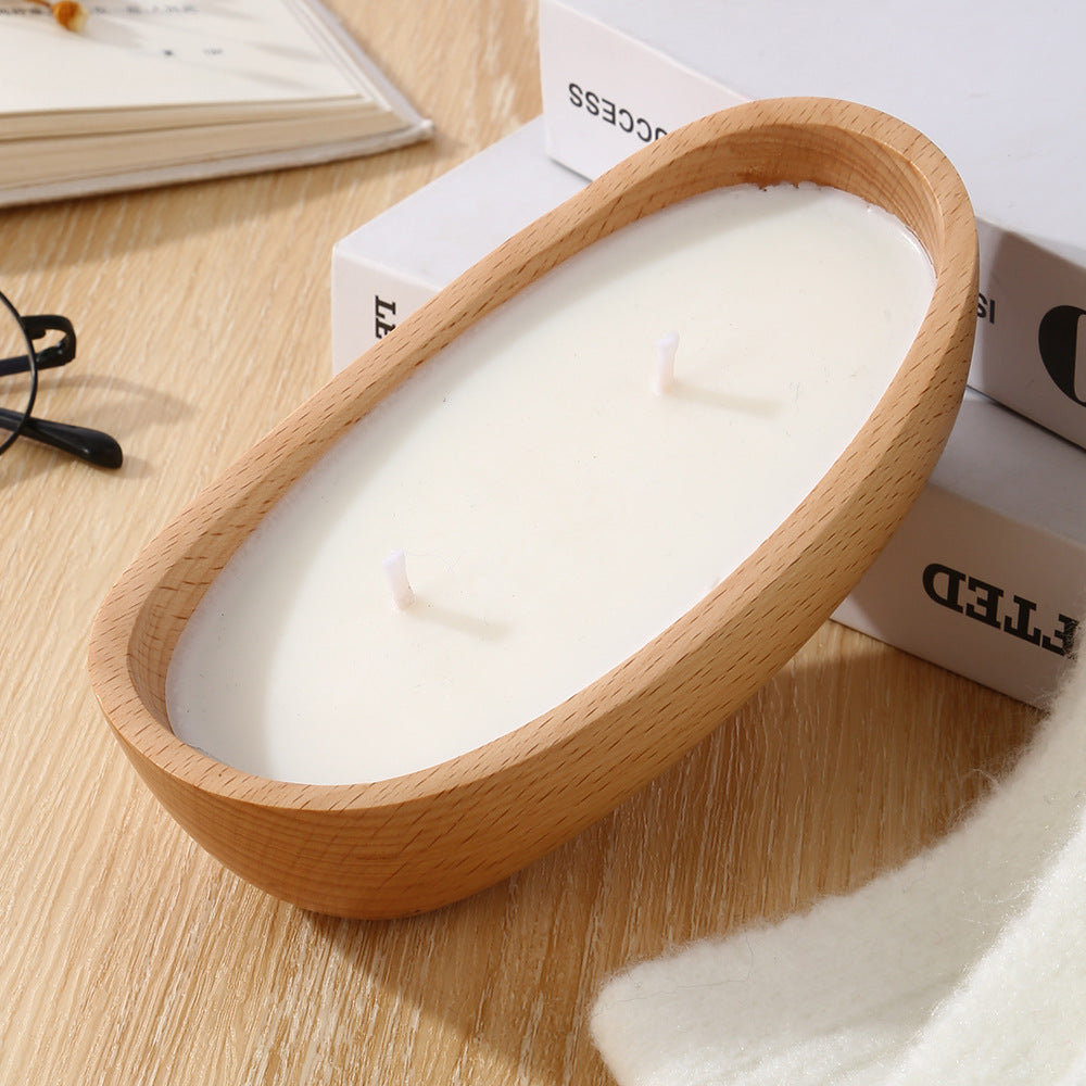 Handcrafted Natural Oval Wooden Bowl Soy Wax Candle with Dual Wicks for Meditation, Relaxation, and Spiritual Healing