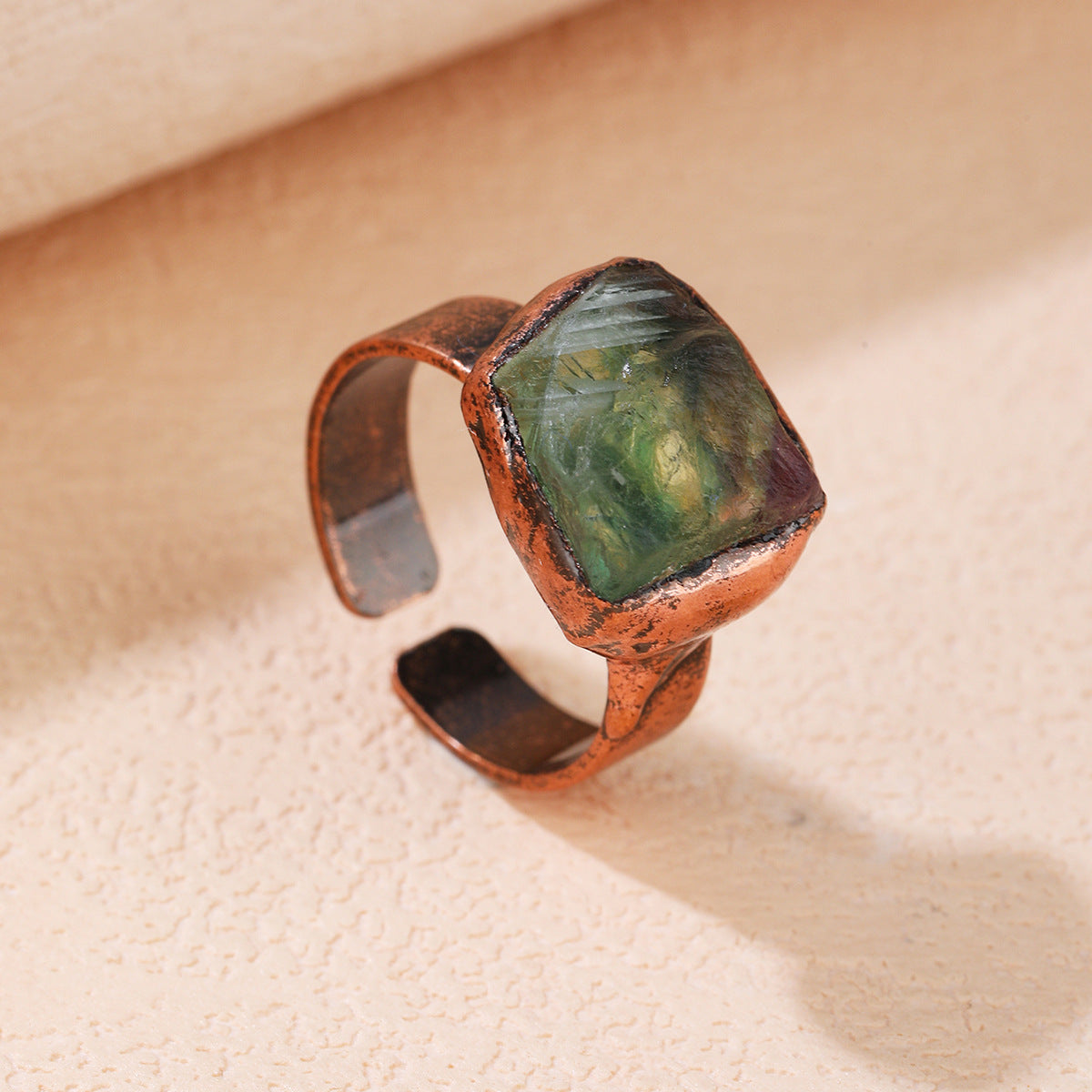 Handcrafted Green Fluorite Healing Ring with Rustic Copper Band for Emotional Balance and Spiritual Clarity