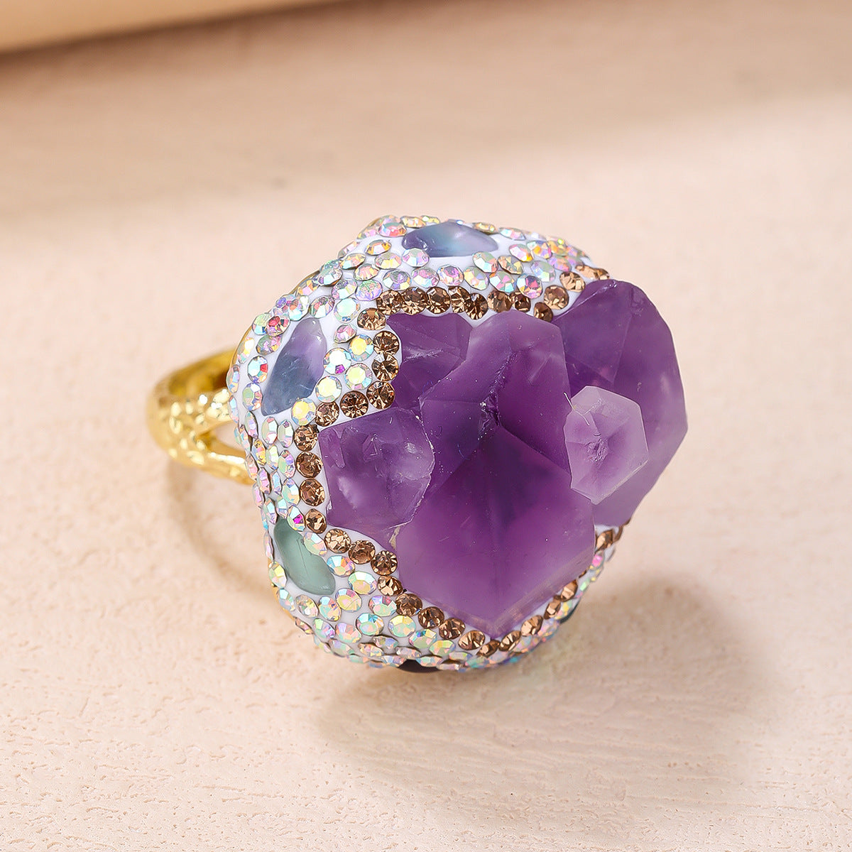 Exquisite  of Amethyst and Aquamarine Crystal Rings with Gold-Plated Band for Healing, Protection, and Calmness