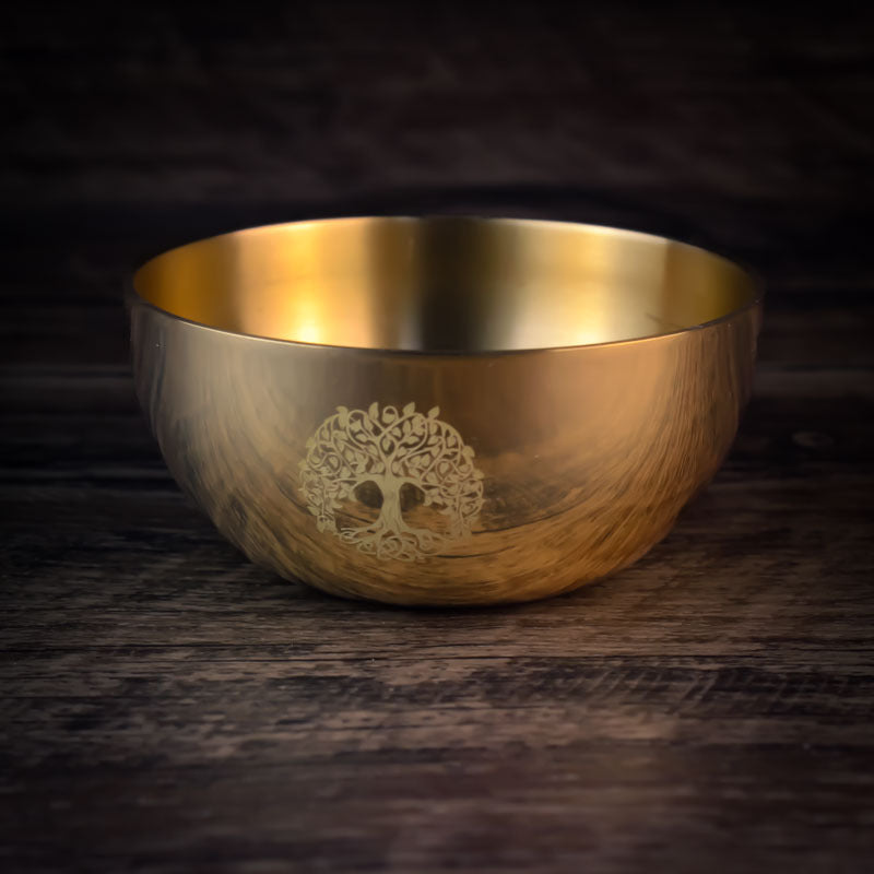 Golden Brass Ritual Bowl with Triple Moon and Pentacle Symbols for Spiritual Cleansing, Offering, and Meditation - Altar and Ritual Decor