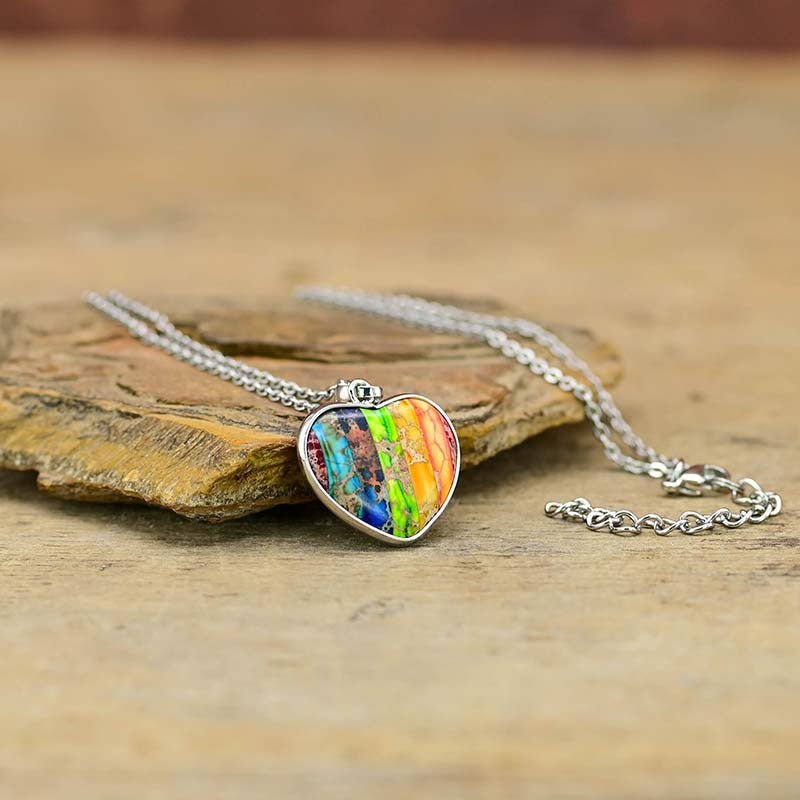 Chakra Healing Heart Pendant Necklace with Rainbow Gemstones for Spiritual Balance