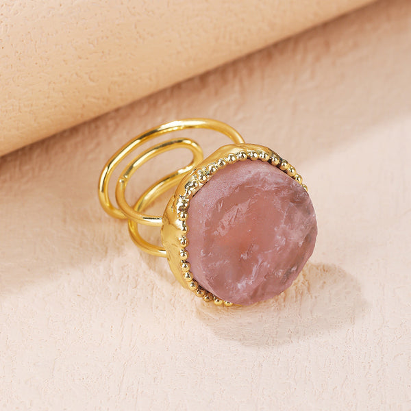 Adjustable Rose Quartz Healing Ring with Gold-Plated Band for Love and Emotional Harmony