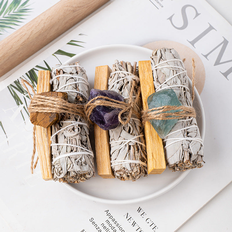 White Sage, Palo Santo, and Healing Crystal Smudge Stick Set - Energy Cleansing and Spiritual Protection