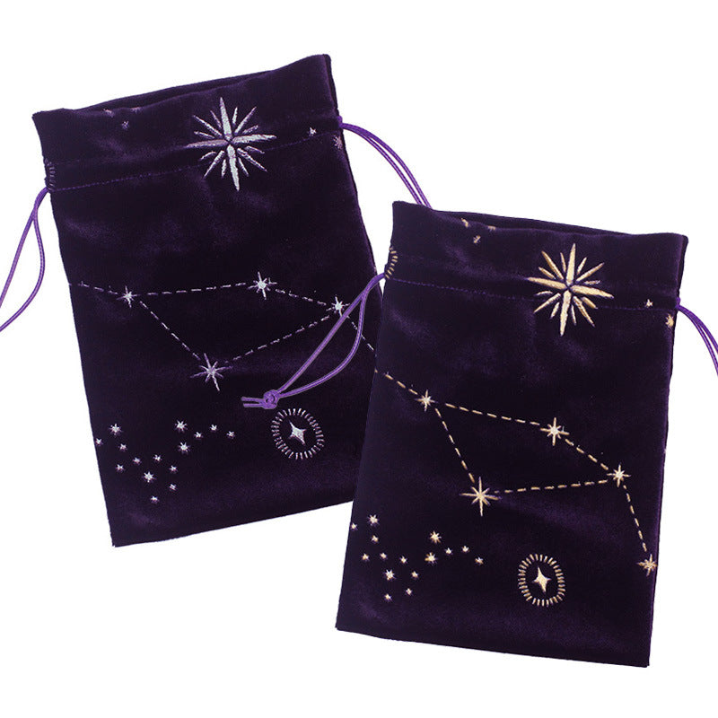 Celestial Velvet Drawstring Bag for Tarot Cards, Crystals, and Spiritual Essentials - Constellation Embroidery in Deep Purple