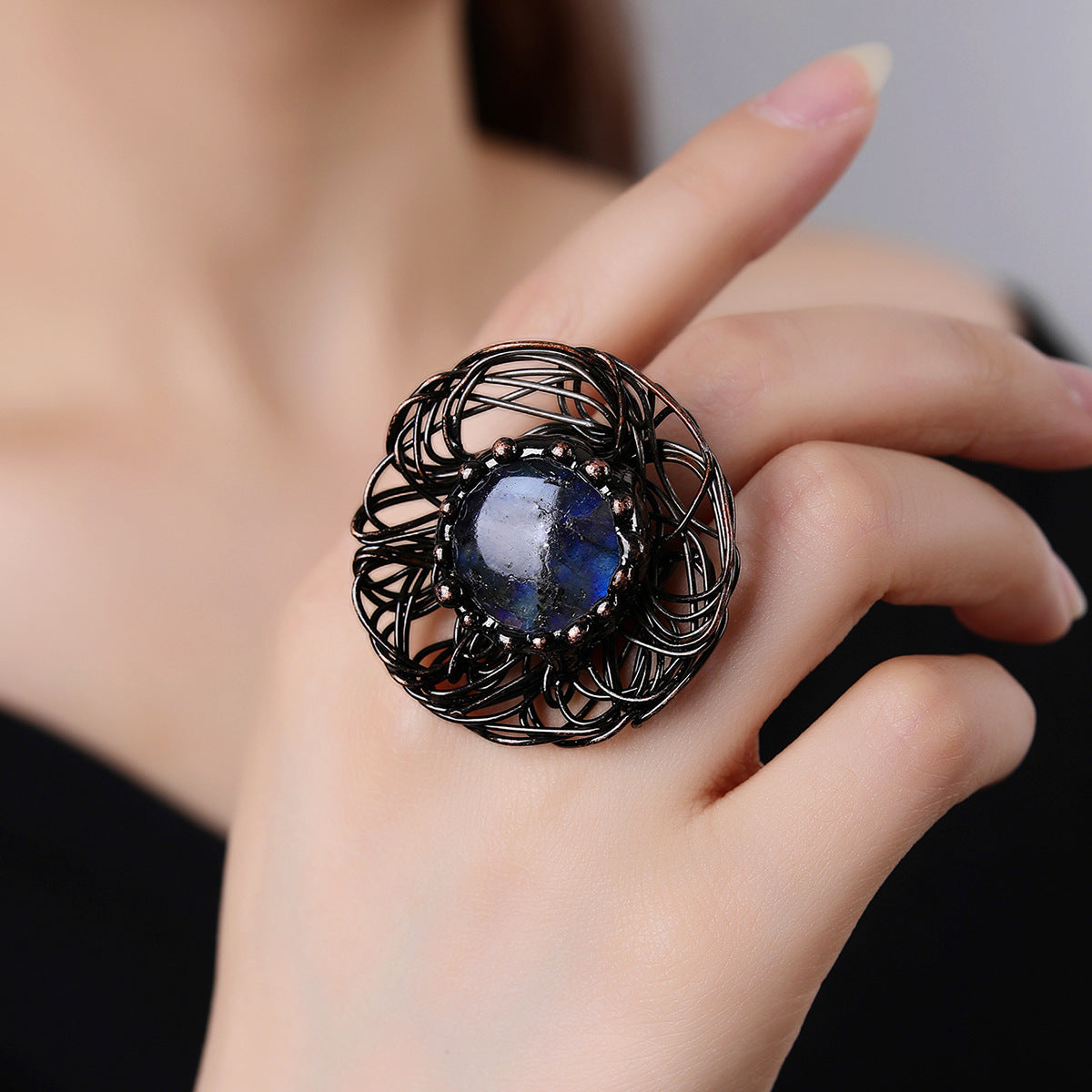 Artisan Labradorite Flower Ring with Intricate Black Wire Design for Mystical Protection and Intuition Boost