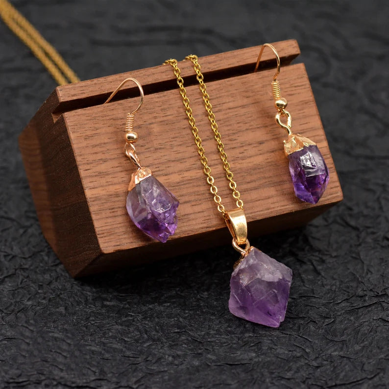 Raw Amethyst Crystal Pendant Necklace for Healing and Spiritual Awakening with Gold Accents