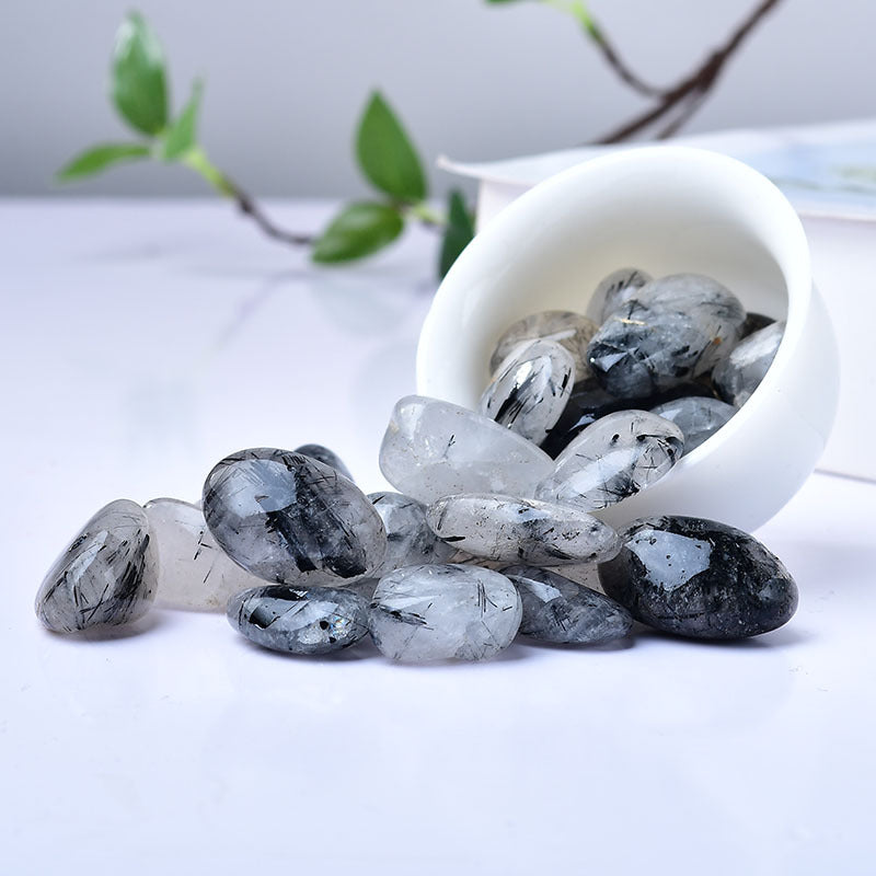 Natural Black Tourmaline in Quartz Tumbled Stones - Polished Healing Crystals for Protection, Grounding, and Energy Cleansing