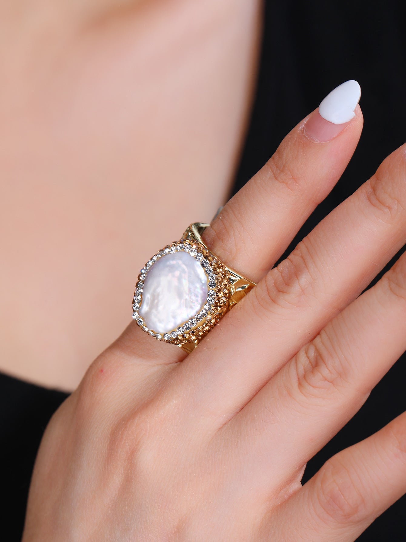 Gold-Plated Moonstone Statement Ring with Crystals – Spiritual Healing Jewelry