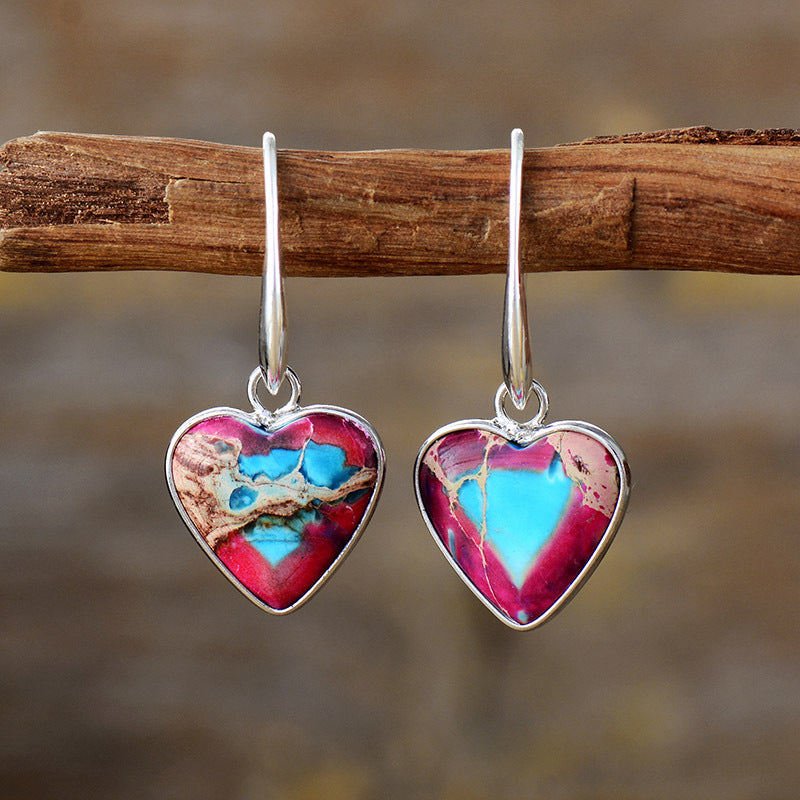 Vibrant Heart-Shaped Gemstone Earrings with Silver and Gold Accents for Emotional Healing and Energy Balance