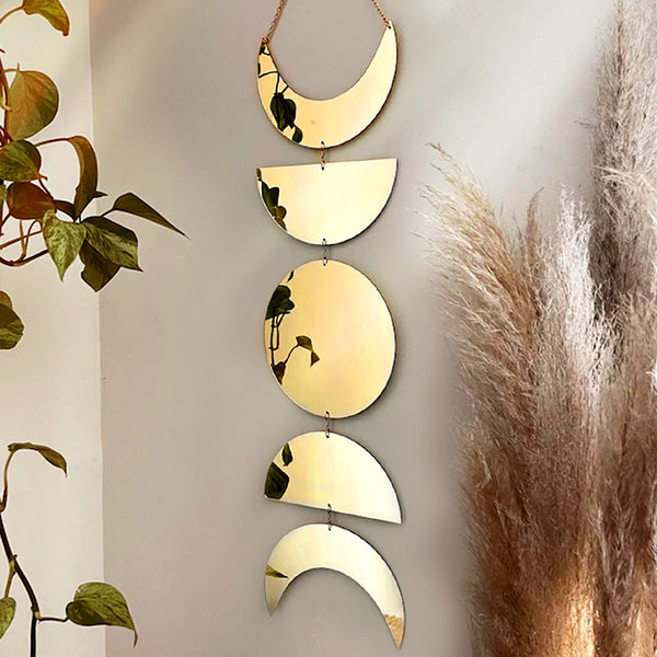 Golden Lunar Phase Wall Hanging - Boho Moon Cycle Decor