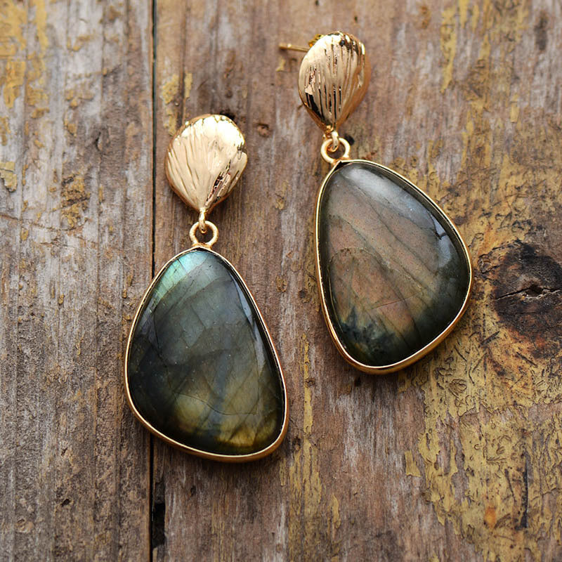 Earthy-Toned Labradorite Gemstone Earrings with Gold Accents for Spiritual Protection and Intuitio