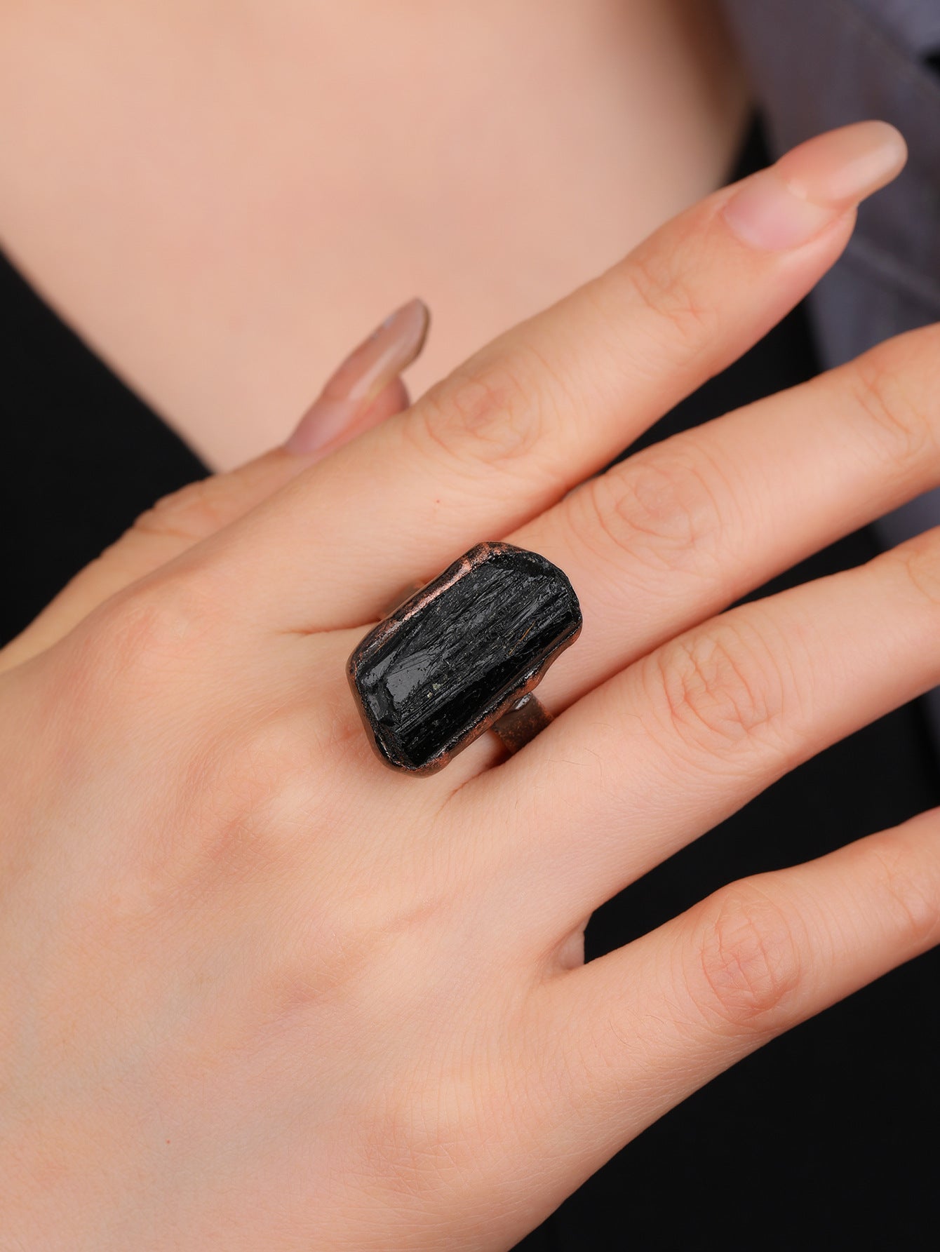 Powerful Black Tourmaline Protection Ring with Raw Crystal and Copper Band for Grounding, Cleansing, and Shielding