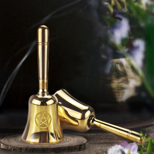 Golden Altar Bell for Rituals and Energy Cleansing - Spiritual Meditation Tool with Lotus and Pentacle Designs