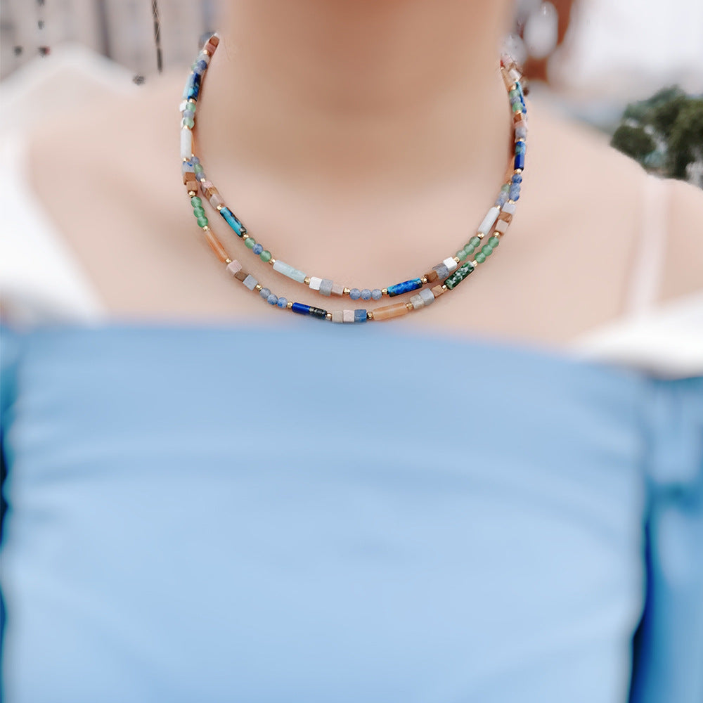 Colorful Multi-Gemstone Necklace with Rectangular Beads for Chakra Alignment and Spiritual Healing"  Long Description