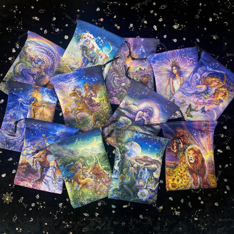 Zodiac-Themed Tarot and Crystal Storage Pouch – Mystical Drawstring Bag for Spiritual Tools and Astrology Lovers