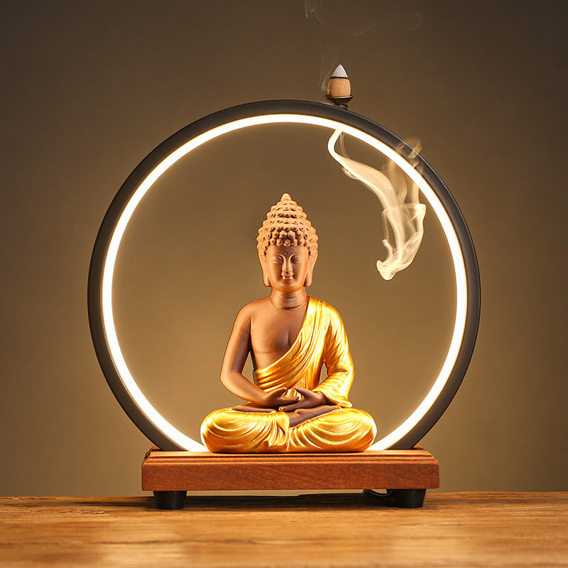 Illuminated Buddha Backflow Incense Burner with LED Halo – Serene Aromatherapy and Meditation Decor