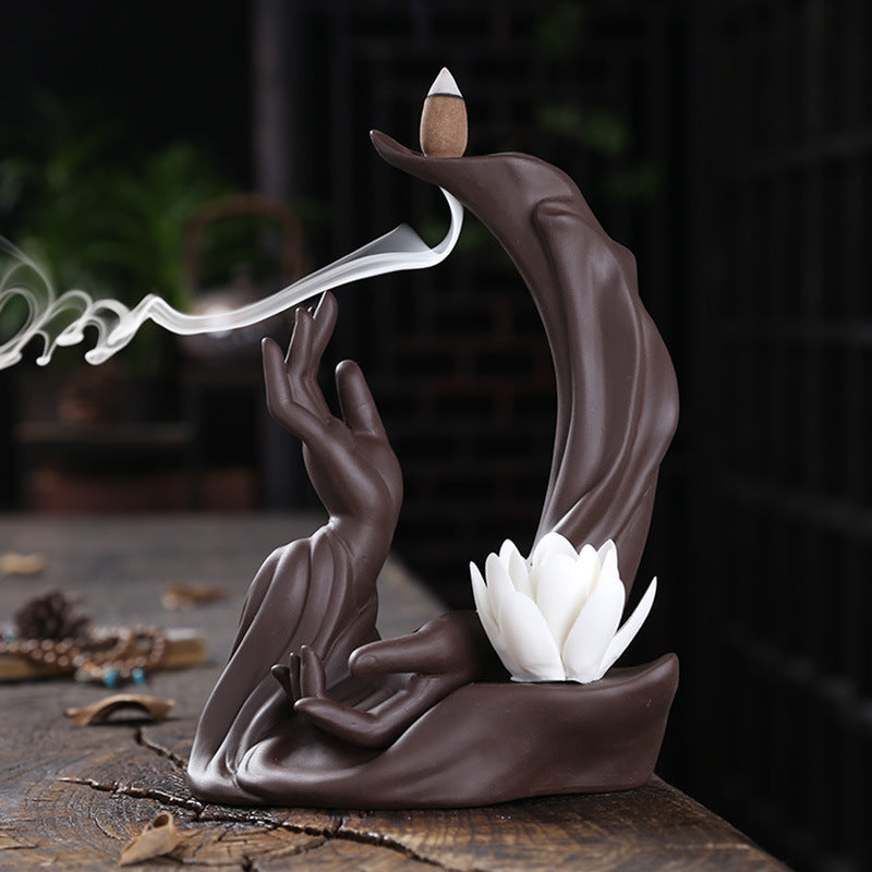 Hand of Serenity Lotus Backflow Incense Burner with LED Light for Tranquility and Meditation