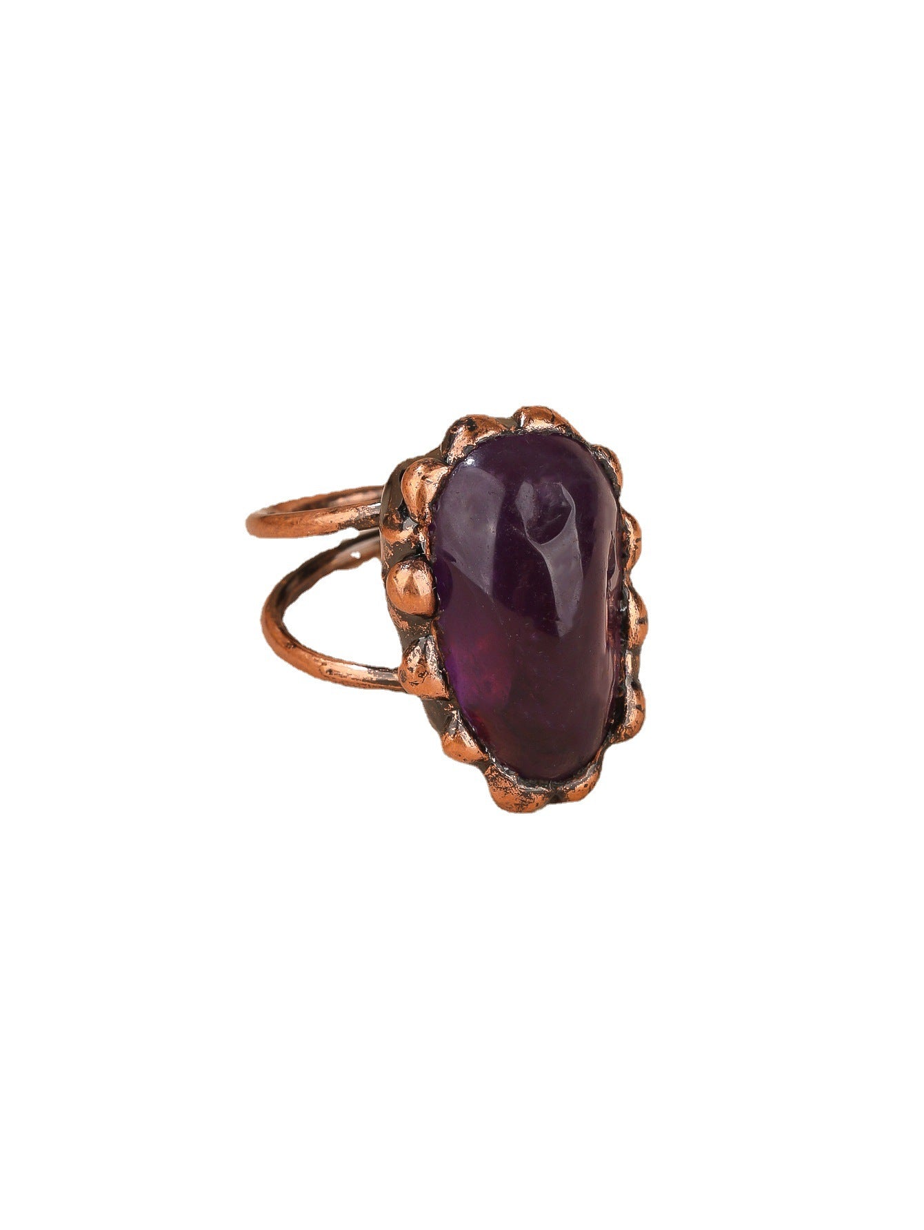 Antique Amethyst Cabochon Ring with Rustic Copper Band for Calmness, Protection, and Spiritual Awareness