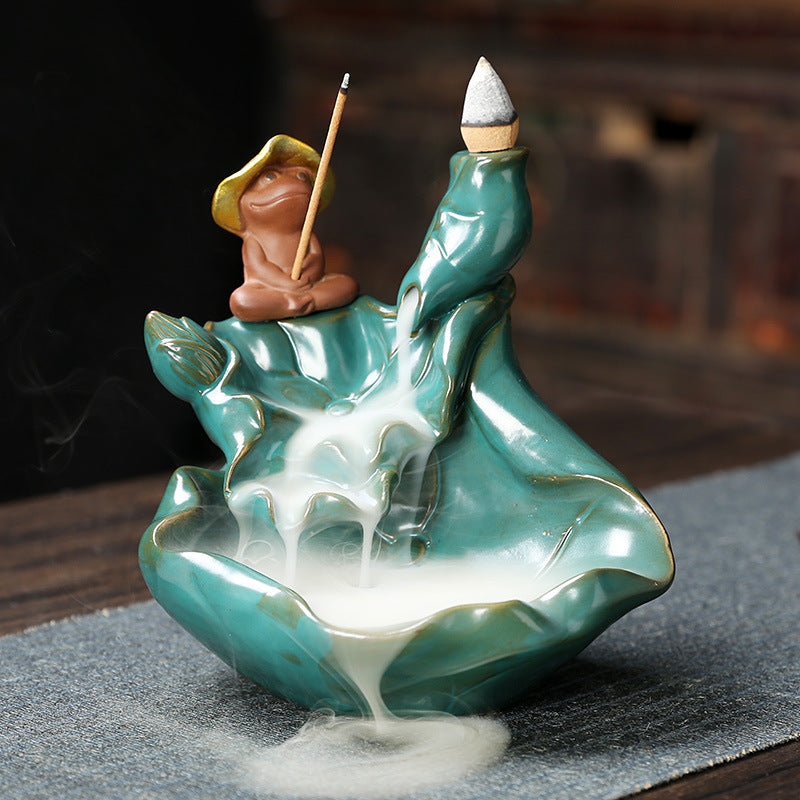 Frog Fishing Backflow Incense Burner with Leaf Design for Meditation, Relaxation, and Spiritual Cleansing