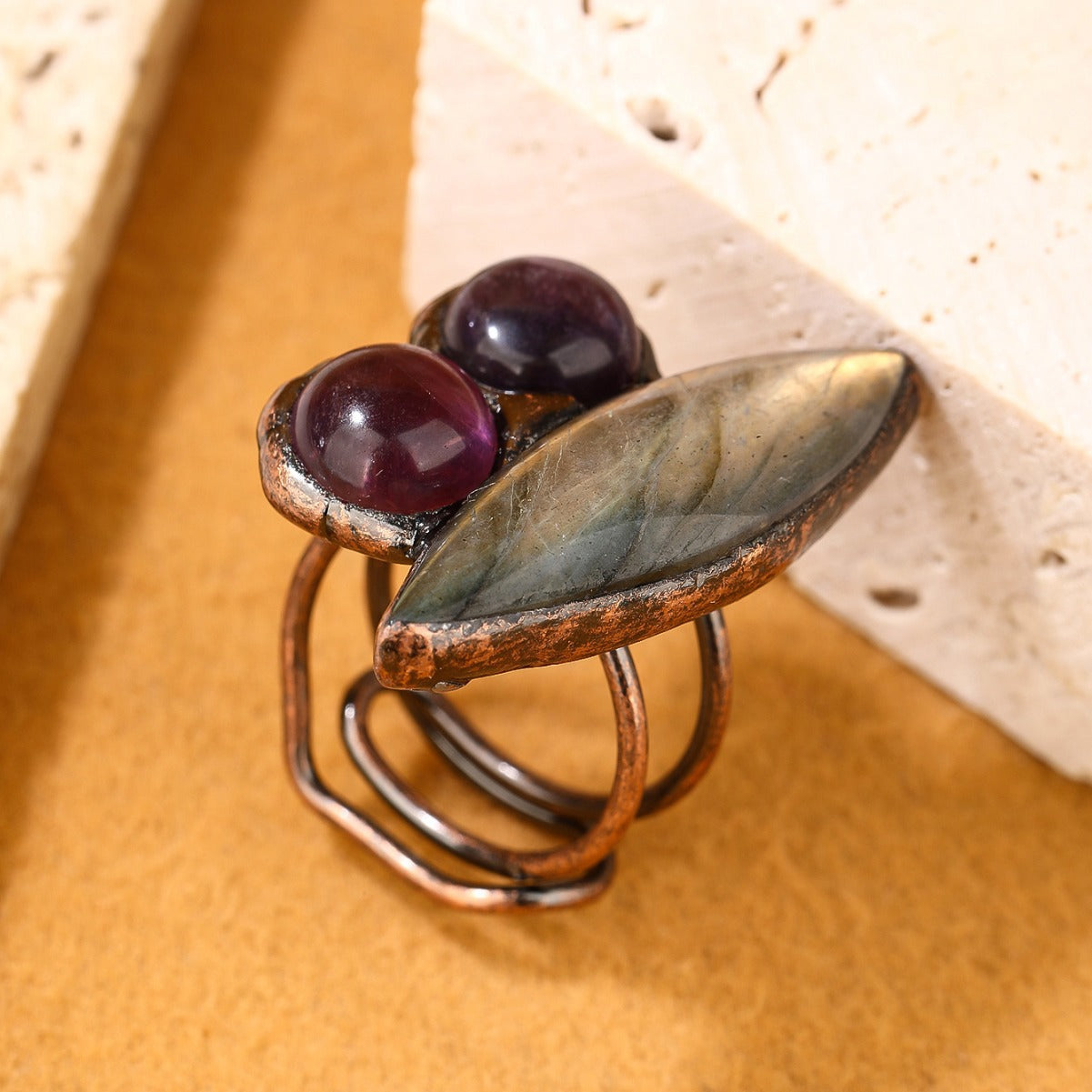 Triple Stone Labradorite and Amethyst Crystal Ring with Rustic Copper Band for Intuition, Protection, and Spiritual Harmony