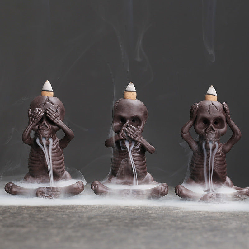 Three Wise Skulls Backflow Incense Burner - Unique Spiritual Decor with See No Evil, Hear No Evil, Speak No Evil Design