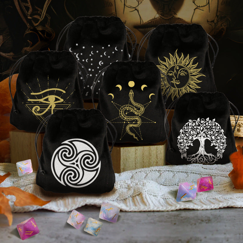 Velvet Drawstring Spiritual Pouches with Sacred Symbol Designs for Crystals, Tarot, and Rune Storage