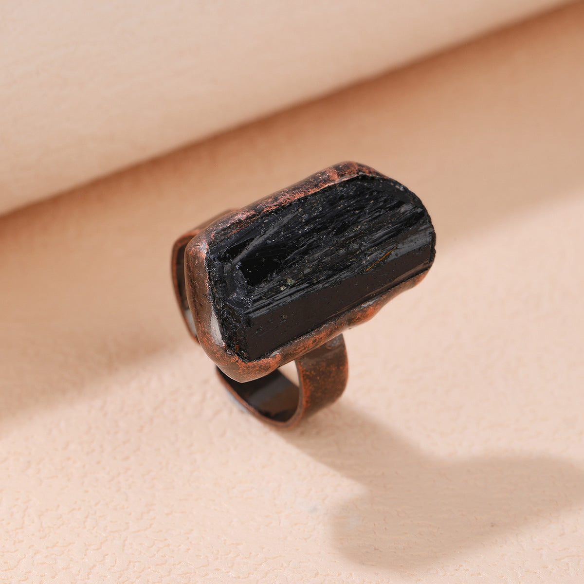 Powerful Black Tourmaline Protection Ring with Raw Crystal and Copper Band for Grounding, Cleansing, and Shielding