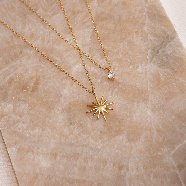 Radiant Starburst Layered Necklace – Gold-Plated Spiritual Jewelry for Positive Energy and Elegance