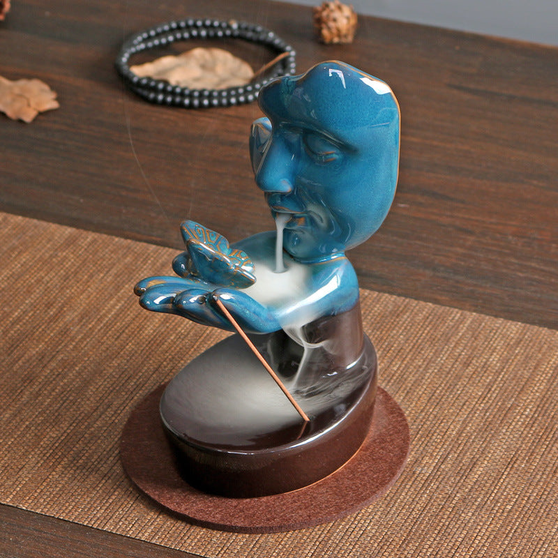 Teal Backflow Incense Burner with Face and Hand Design – Artistic Aromatherapy for Meditation and Relaxation