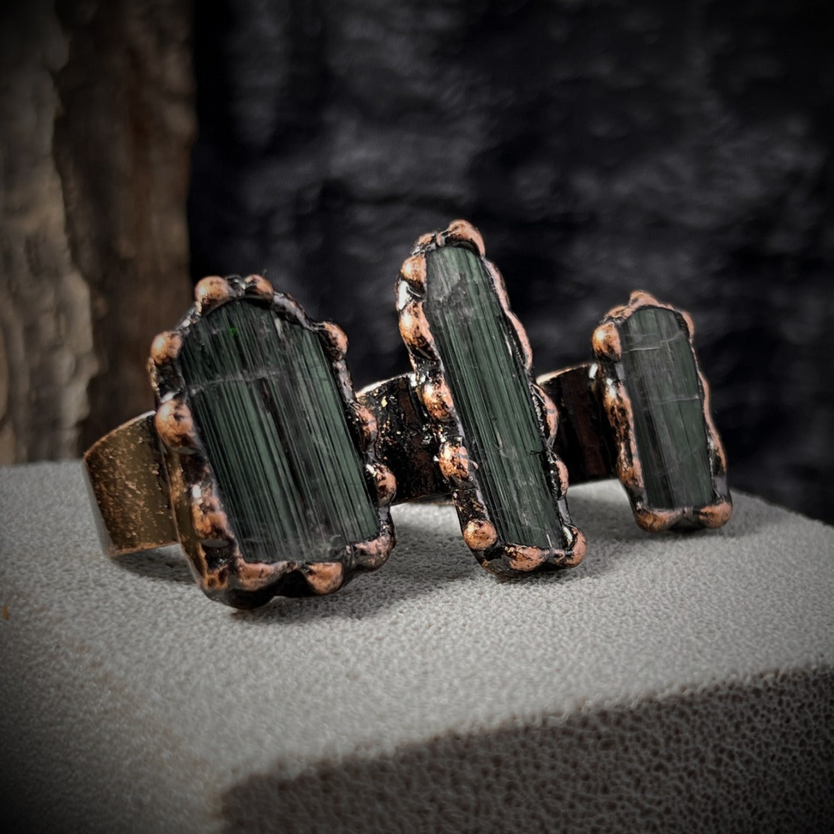 Raw Green Tourmaline Crystal Protection Ring with Adjustable Copper Band for Energy Cleansing and Grounding