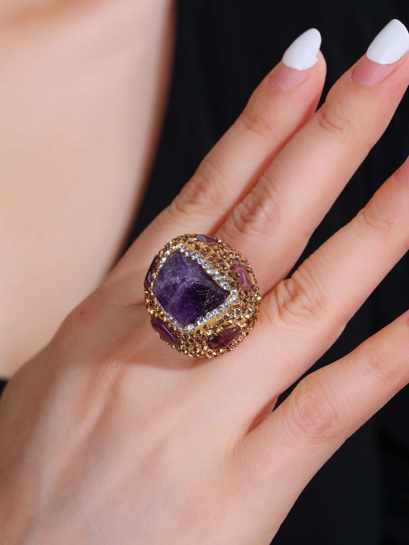 Adjustable Citrine and Amethyst Crystal Rings with Gold-Plated Band for Spiritual Healing, Prosperity, and Protection