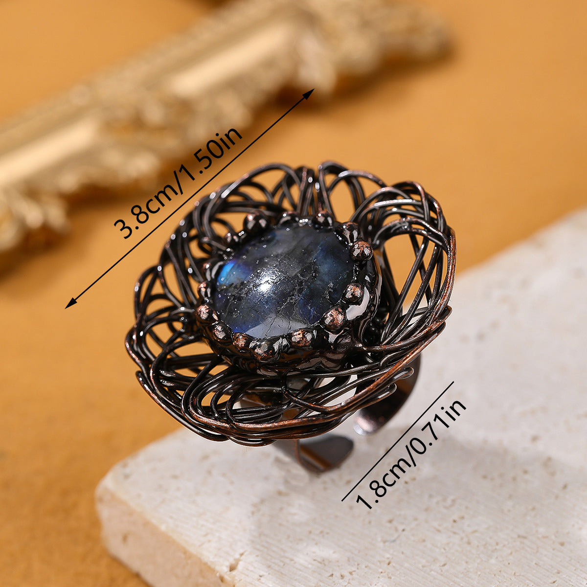 Artisan Labradorite Flower Ring with Intricate Black Wire Design for Mystical Protection and Intuition Boost