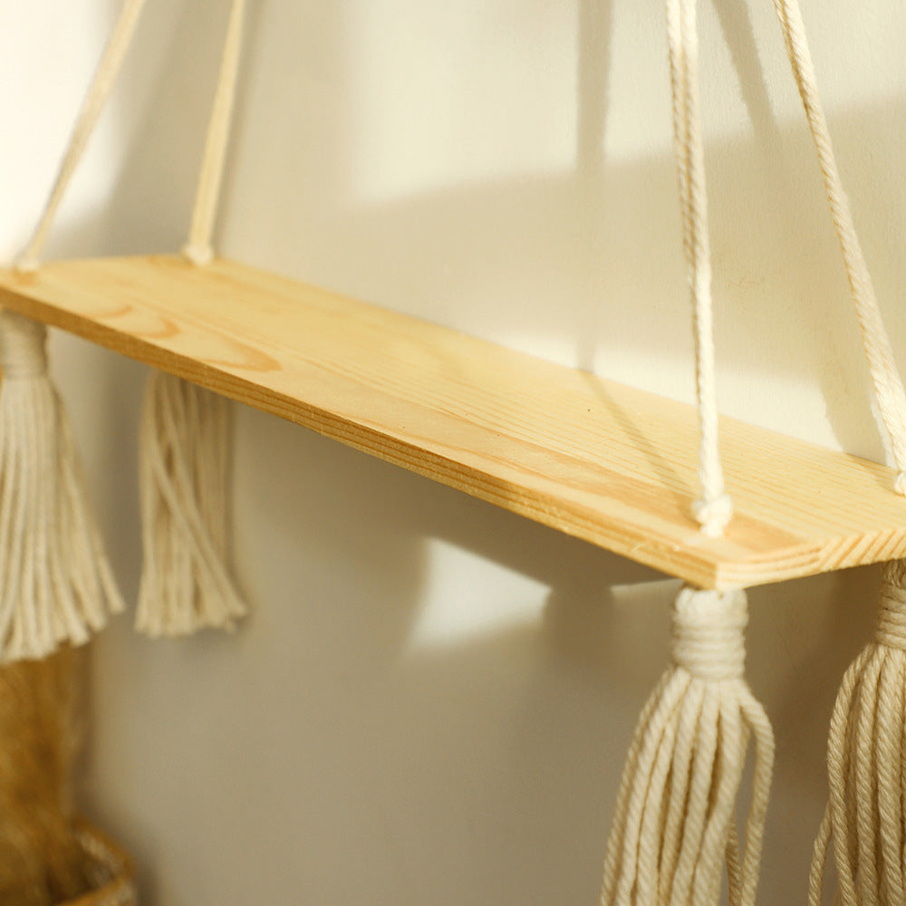 Boho Macrame Hanging Shelf - Natural Wood Tassel Decor