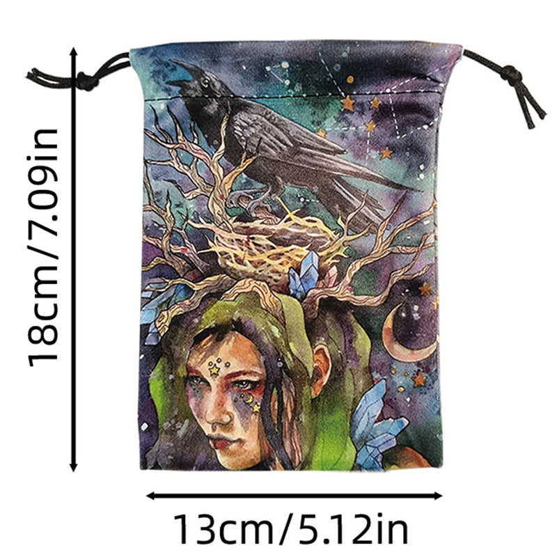 Mystical Raven Tarot and Rune Drawstring Pouch – Enchanting Velvet Bag for Spiritual Tools, Crystals, and Cards