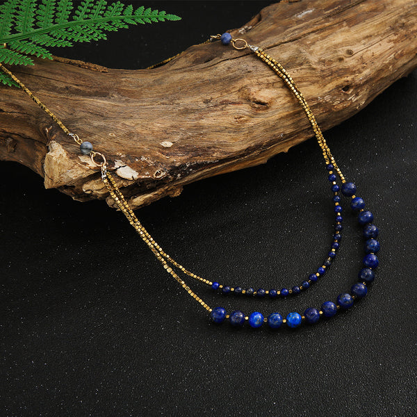 Double-Layered Lapis Lazuli Necklace with Gold Beads for Spiritual Protection and Inner Peace