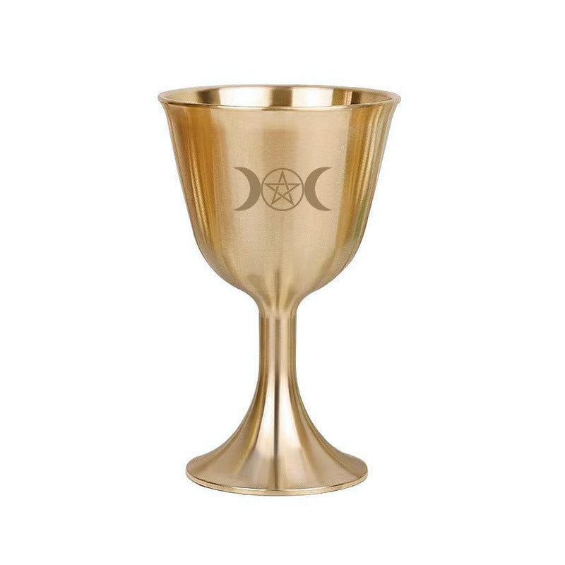 Golden Wiccan Chalice with Triple Moon and Pentacle Symbol for Rituals and Spiritual Ceremonies