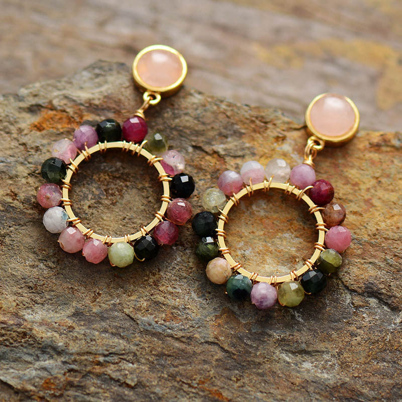 Multi-Gemstone Circle Hoop Earrings with Gold Accents for Chakra Balancing and Energy Alignment