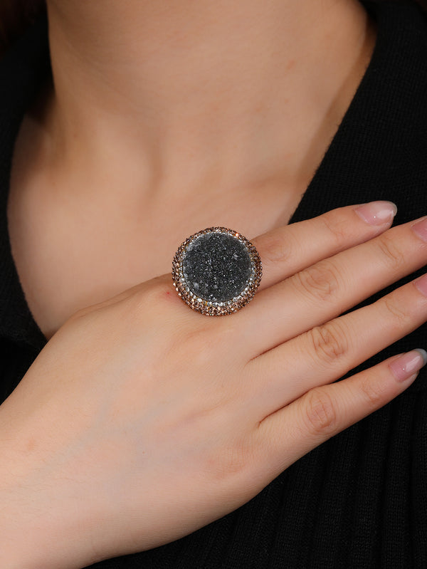 Stunning Black Druzy Crystal Ring with Gold-Plated Adjustable Band for Grounding and Energy Amplification