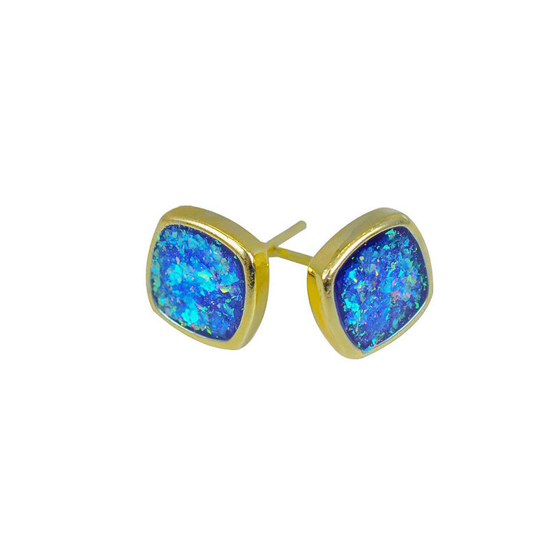 Handcrafted Blue Opal Spiritual Healing Stud Earrings with Gold-Plated Settings for Energy Balance