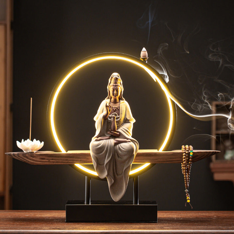 Golden Kuan Yin Illuminated Incense Burner with Lotus and Meditation Aroma Diffuser