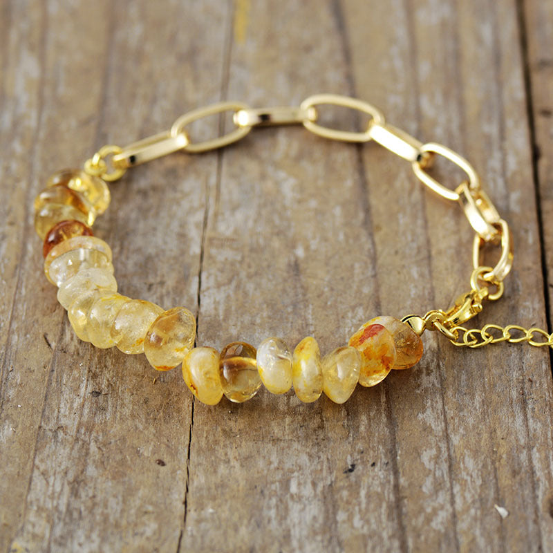 Golden Citrine and Amethyst Gemstone Energy Bracelet with Adjustable Gold Chain