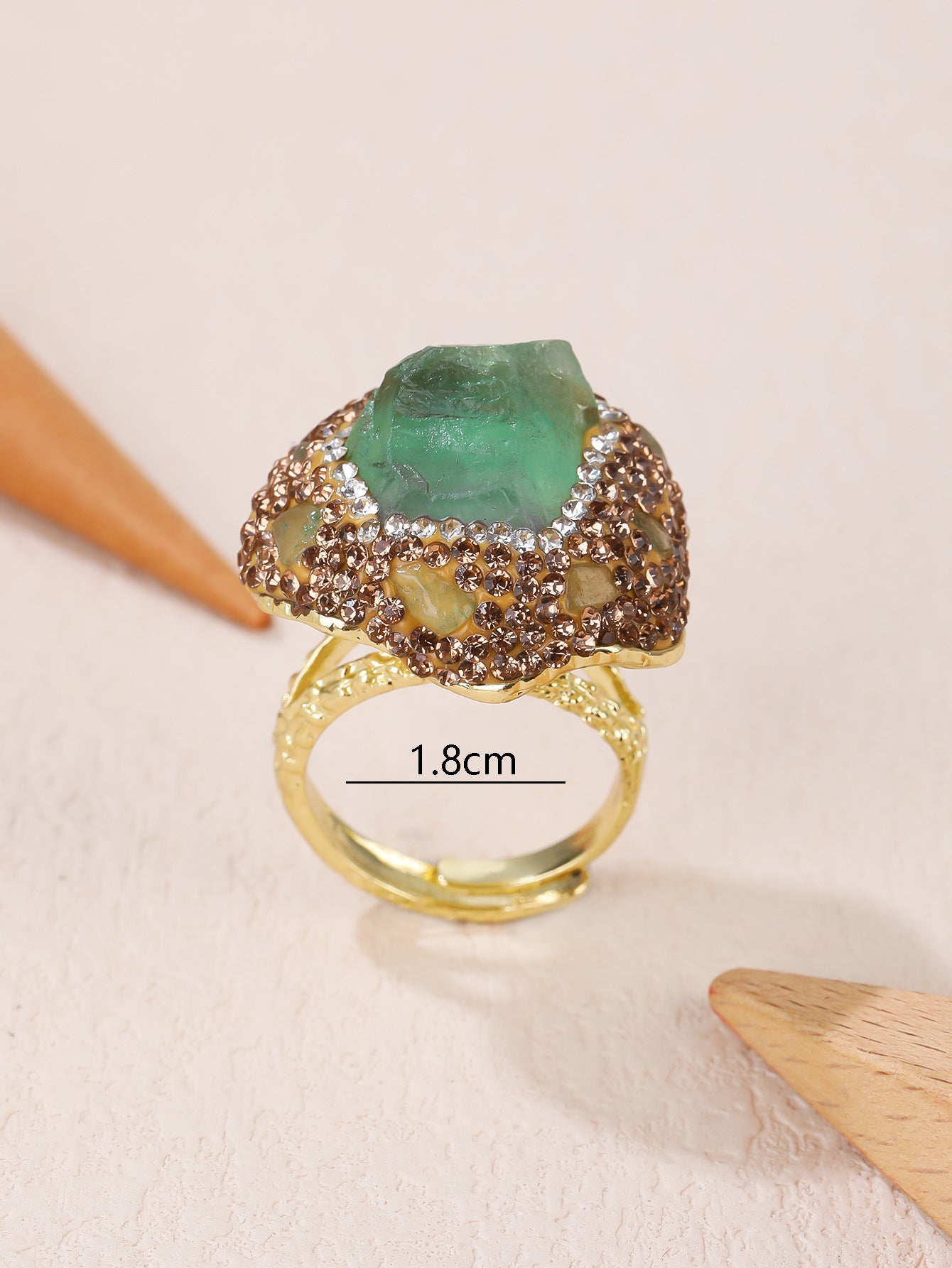 Elegant Green Fluorite Crystal Ring with Gold-Plated Setting for Spiritual Healing and Emotional Balance