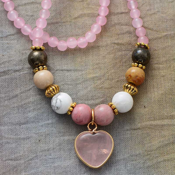 Rose Quartz Heart Chakra Necklace with Multi-Stone Beads for Emotional Healing