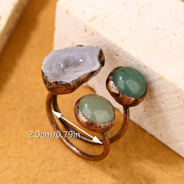 Triple Gemstone Green Aventurine and Agate Druzy Ring with Copper Band for Prosperity, Healing, and Spiritual Balance