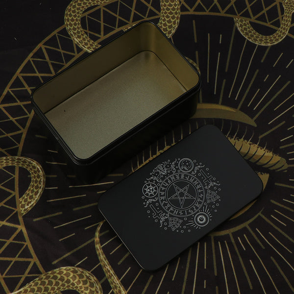 Mystical Pentagram Design Black Metal Storage Box for Tarot Cards, Crystals, and Spiritual Tools – Ideal for Sacred Rituals, Witchcraft, and Wiccan Supplies